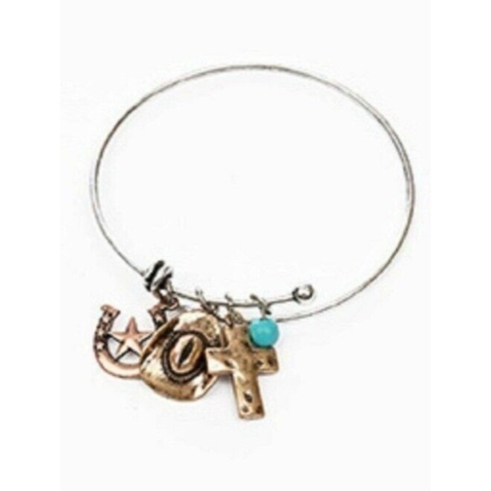 Western Tri Color Cowgirl Cross Hat Horseshoe Star Charm Bangle Bracelet